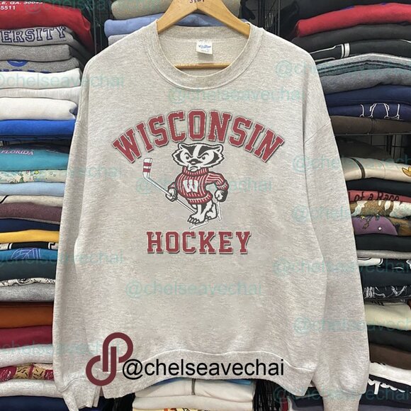 Vintage 90s Wisconsin Badgers Hockey Sweatshirt, Retro NHL Shirt For Mens Womens - Picture 1 of 2